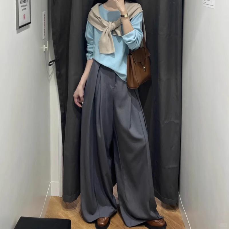 灰色垂感阔腿西装裤女秋冬大码胖妹妹mm高腰显瘦慵懒风直筒休闲裤