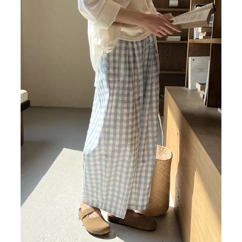 蓝色格子休闲裤女夏季薄款