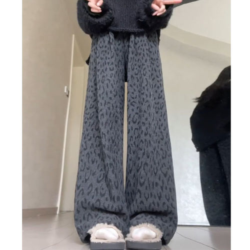 豹纹阔腿毛呢裤子女款冬加厚加绒休闲裤大码胖mm显瘦糯米毛巾长裤