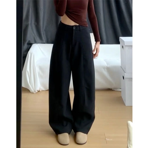 黑色西装裤女秋冬加绒今年流行宽松垂感弯刀裤胖mm显瘦大码阔腿裤