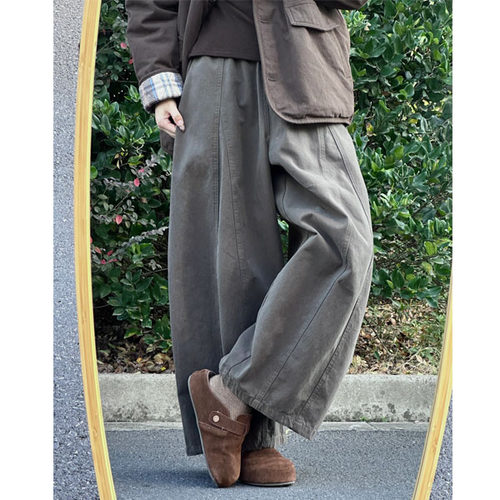 日系慵懒风深灰色阔腿裤女秋冬新款大码胖mm高腰显瘦宽松九分裤子