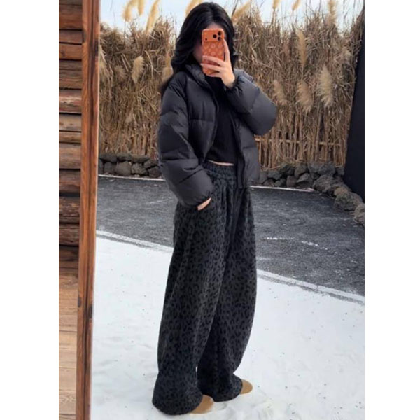 慵懒风加绒加厚豹纹阔腿裤女秋冬大码胖mm宽松显瘦休闲直筒毛巾裤