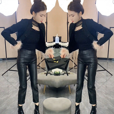 立领盘扣毛毛边短款外套+小脚裤