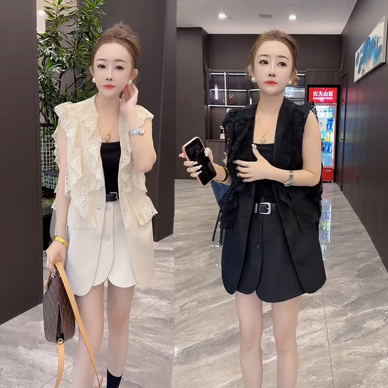 2026夏季新款高级感气质西服马甲套装女韩版蕾丝荷叶边马夹+裤裙
