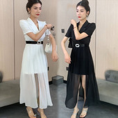 拼接假两件裙子 黑色洋气显瘦百搭长款 法式 高级感气质连衣裙女夏季