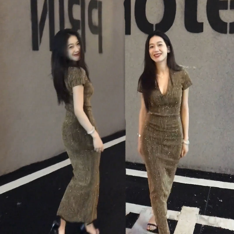 高级感气质性感连衣裙夏季新款韩版v领修身弹力亮丝裹臀长裙女装