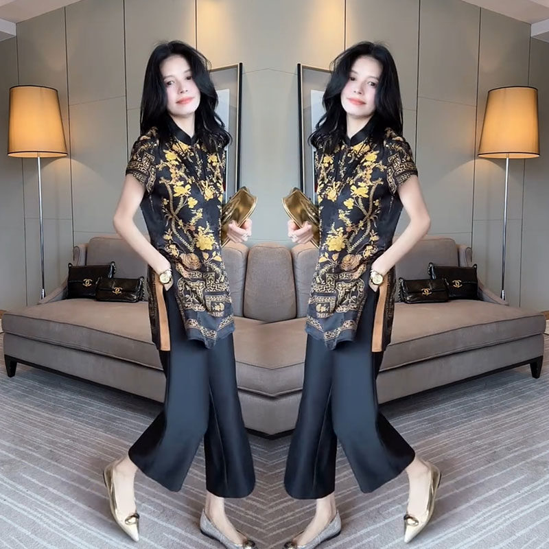 新中式高端气质精致套装女2025夏季新款国风花色短袖上衣+九分裤 - 时尚部落衣族出品