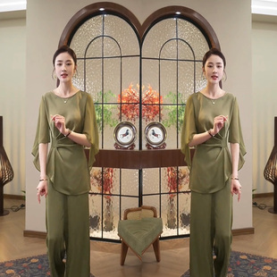 2024新款春款女装气质时尚洋气减龄高级感轻奢阔腿裤绿色两件套装