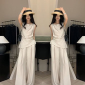 女夏季 套装 款 无袖 两件套 法式 遮肉上衣阔腿裤 高级感气质女神范时尚