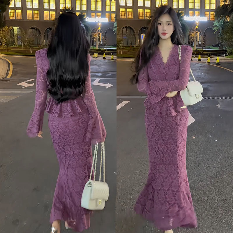 韩系高级感优雅时尚连衣裙女2025秋冬新款假两件蕾丝高腰裹臀长裙