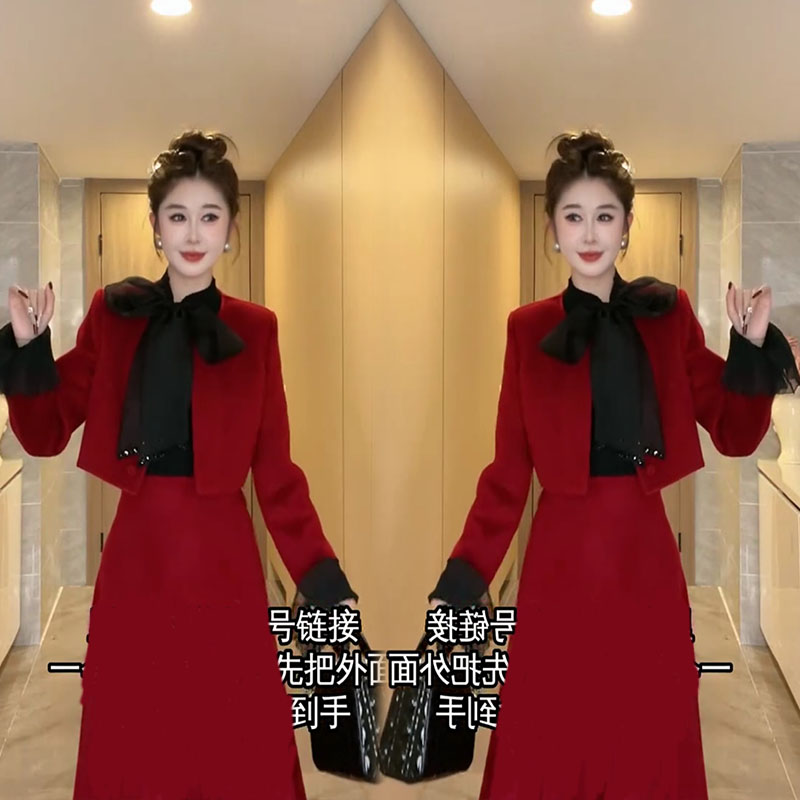 冬季高级感气质套装女时尚短款酒红色外套+高腰半身裙+小衫三件套