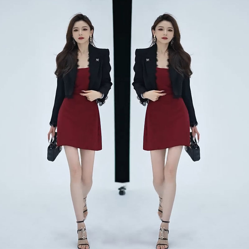 气质名媛风时尚套装2025春新款韩版修身短款西服外套+吊带连衣裙