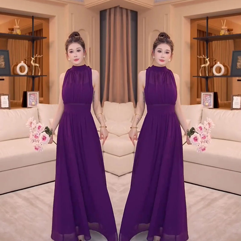 紫色无袖挂脖收腰长款开叉连衣裙