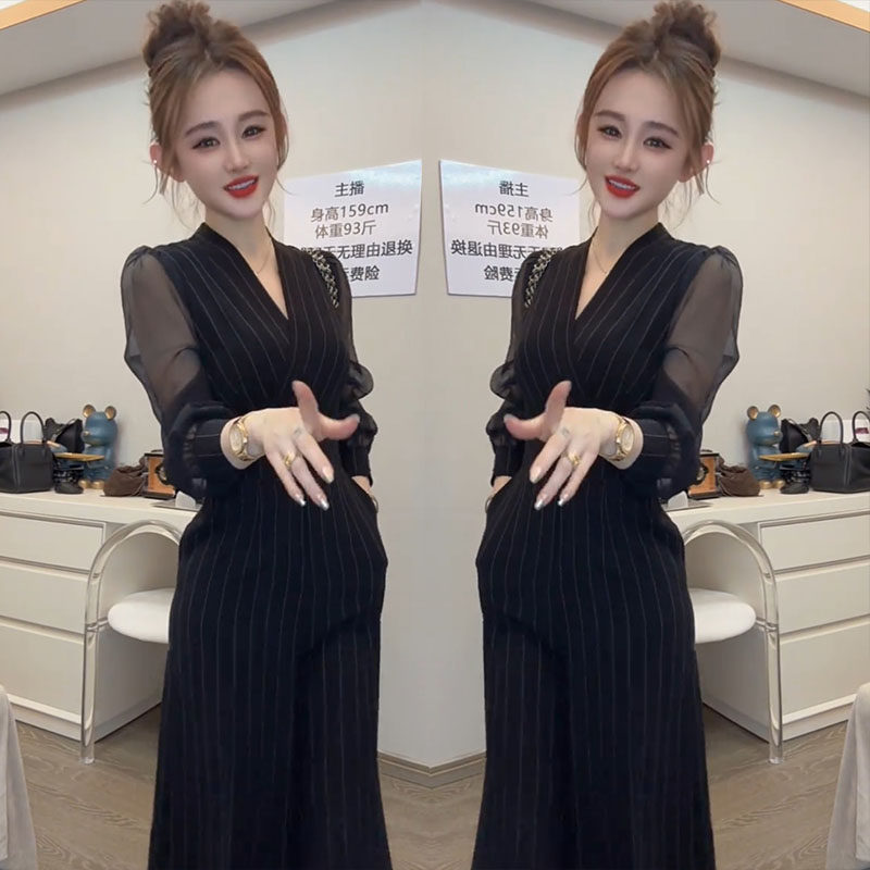 2025春季新款高级感时尚气质职业V领收腰显瘦拼接条纹连体衣裤女