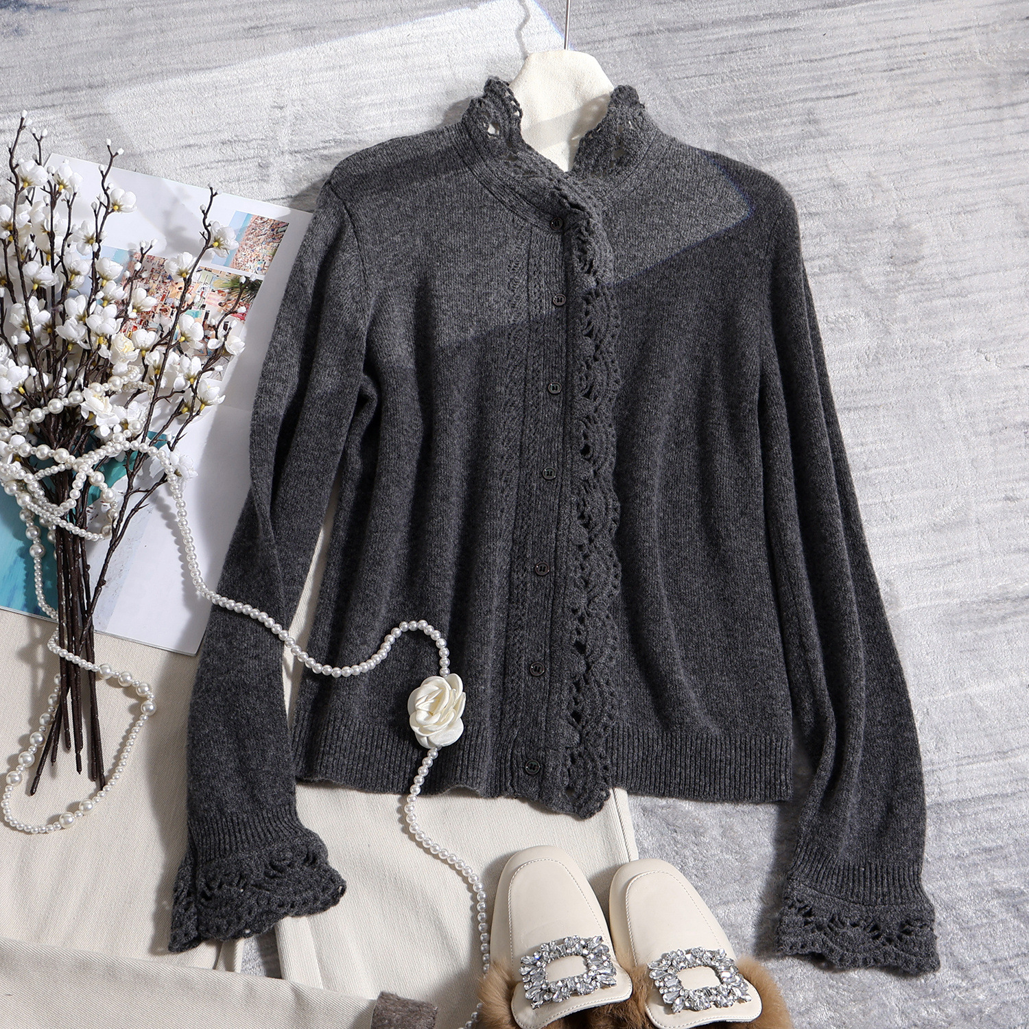 高端山羊绒美丽诺羊毛针织衫高领木耳边公主袖时尚保暖毛衣打底衫