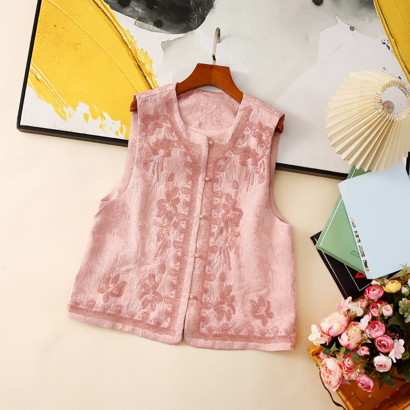 欧洲站2026春季新款重工钉珠提花工艺图案装饰圆领中国红国风马甲,女装/女士精品,马夹,淘宝优惠券,粉丝福利购,淘宝优惠卷