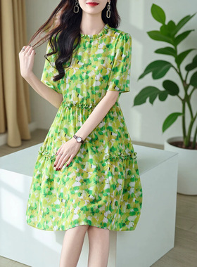 深圳南油高端女装小个子真丝连衣裙女100％桑蚕丝碎花裙子69519