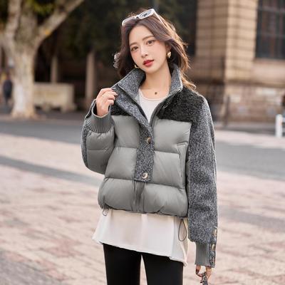2025冬女短款立领白鸭绒羽绒服羊羔毛拼接设计洋气百搭外套Y86855