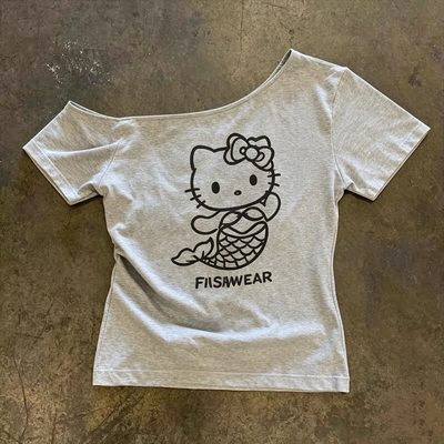 夏季斜肩小猫印花修身短袖T恤