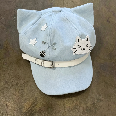 Y2K蓝色小猫耳显脸小贝雷帽