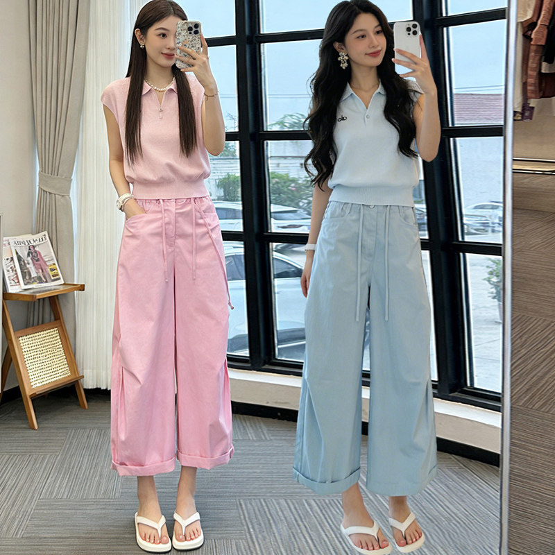 盐系闺蜜装POLO领短袖休闲运动套装女夏度假高腰阔腿九分裤两件套