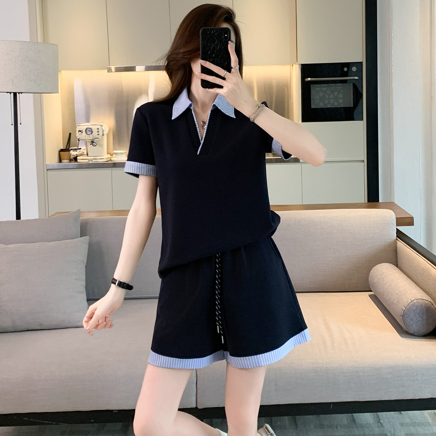 姐感OL气质条纹撞色翻领短袖休闲运动套装女夏宽松显瘦短裤两件套