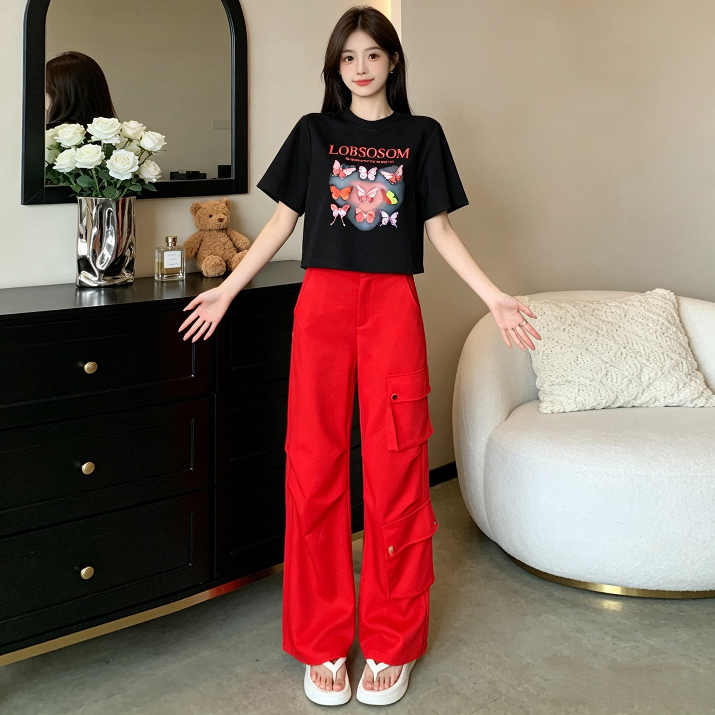 蝴蝶印花短袖工装裤广场舞套装女