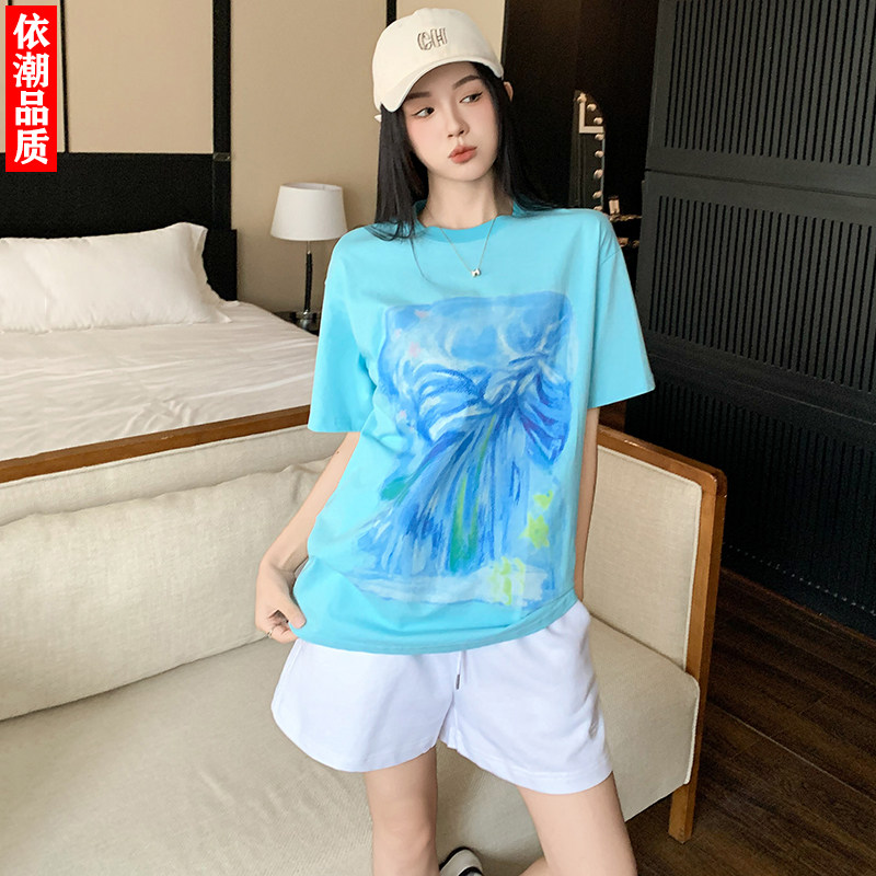 夏季棉质印花短袖短裤运动套装女