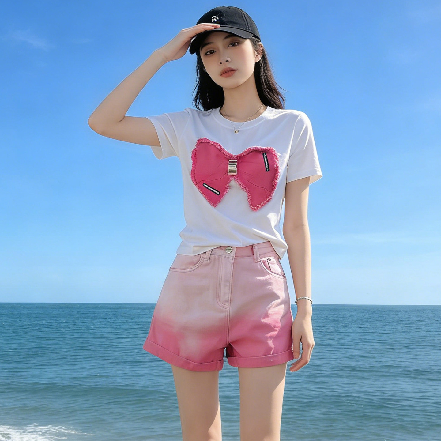 度假甜美蝴蝶结短袖休闲运动套装女夏漂亮渐变粉色牛仔短裤两件套