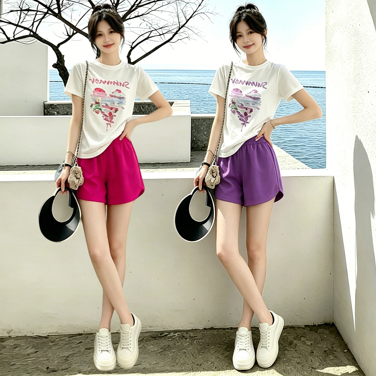 多巴胺印花棉质短袖休闲运动套装女夏外穿跑步健身高腰短裤两件套