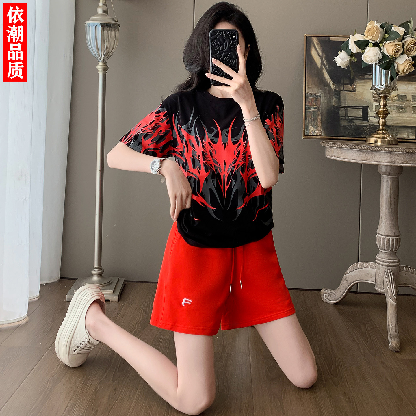 炸街曳舞印花短袖短裤运动套装女