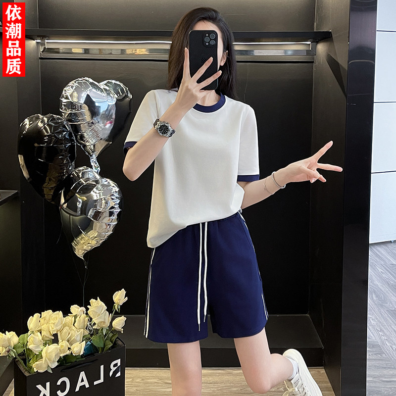 羽毛球服短袖运动套装女夏撞色圆领侧条纹短裤户外跑步健身两件套