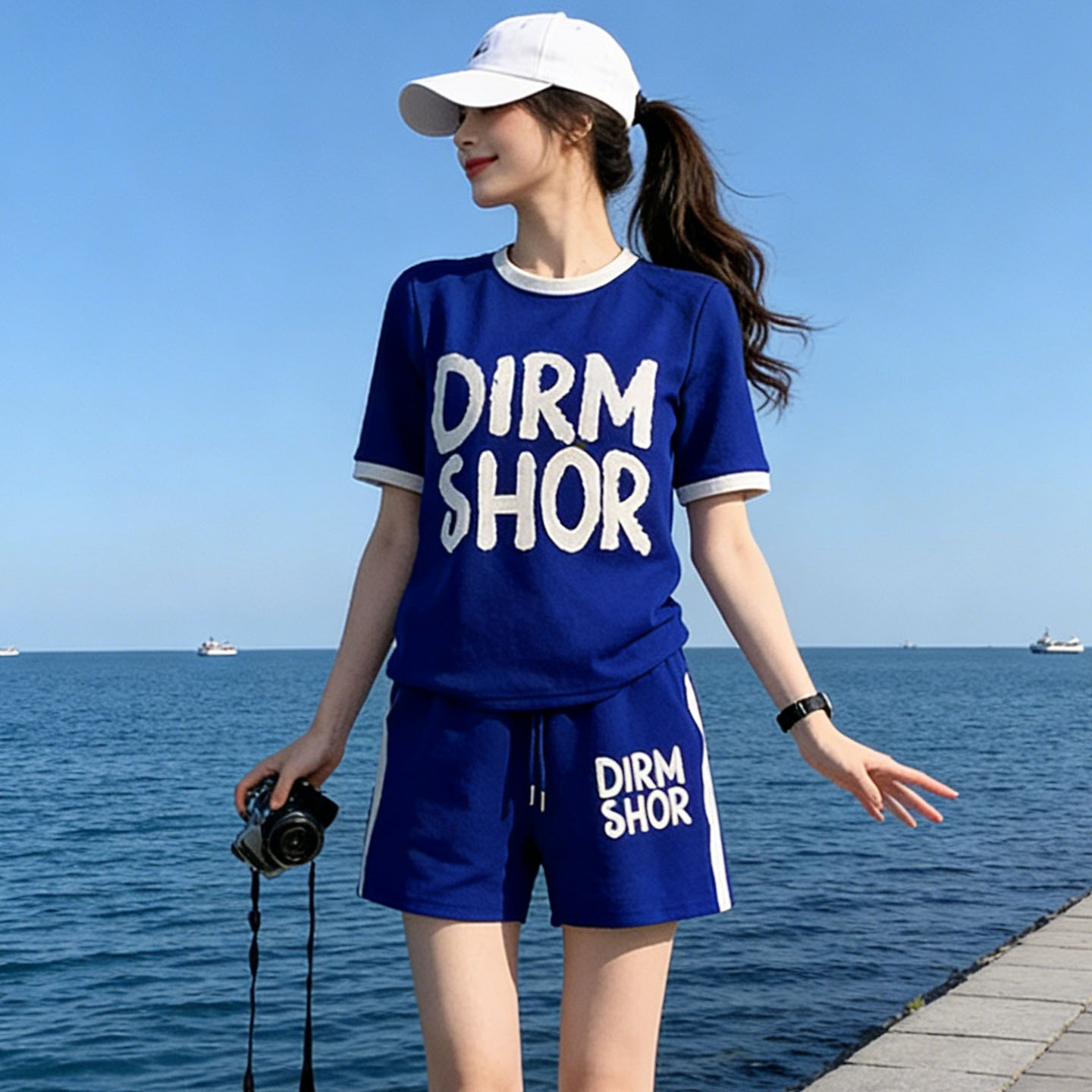 美式复古字母短袖T恤运动套装女夏宽松遮肉显瘦A字短裤跑步两件套