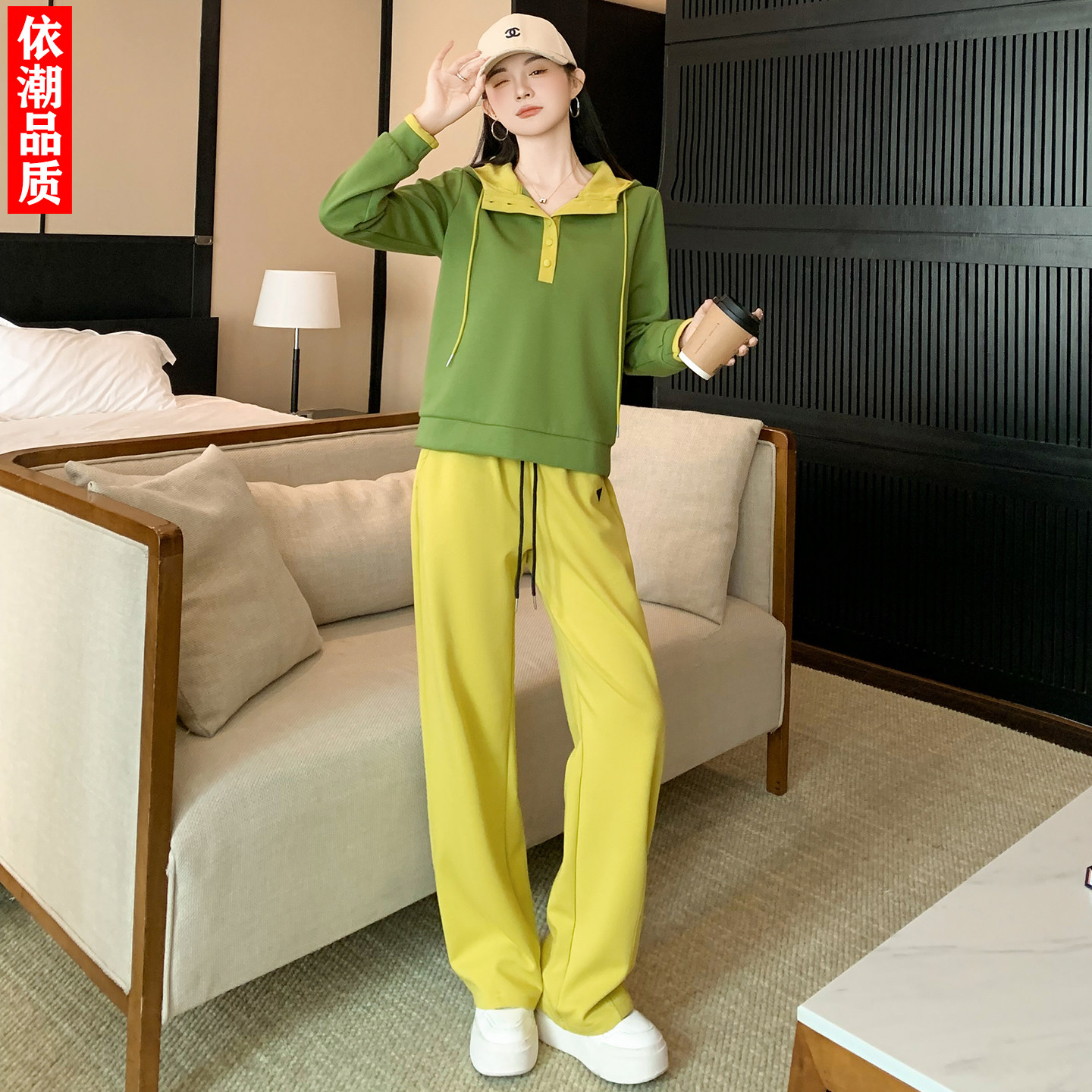 网红撞色连帽卫衣运动服套装女早秋套头青春活力显瘦直筒裤两件套