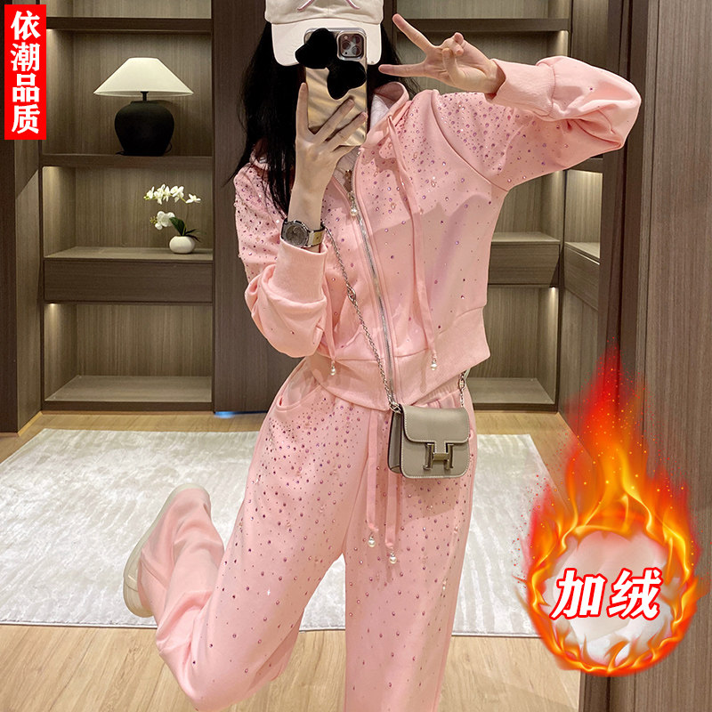 重工烫钻加绒连帽卫衣运动套装女秋冬小香风拉链外套阔腿裤两件套,女装/女士精品,休闲运动套装,淘宝优惠券,粉丝福利购,淘宝优惠卷