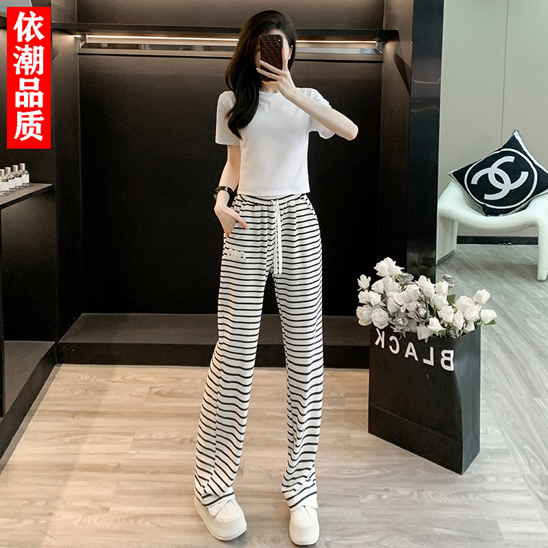 跳舞健身操休闲运动套装女夏短上衣松紧腰薄款条纹直筒长裤两件套