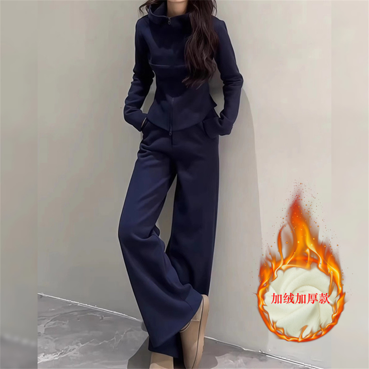 日韩加绒加厚连帽卫衣休闲运动套装女秋冬修身高级感阔腿裤两件套