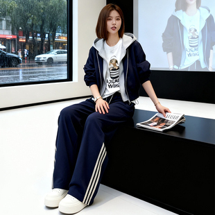 韩版撞色连帽假两件拉链卫衣休闲运动套装女秋冬阔腿工装裤两件套