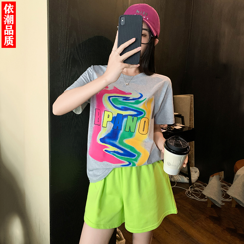 网红涂鸦印花纯棉短袖运动套装女夏季潮牌宽松阔腿三分短裤两件套