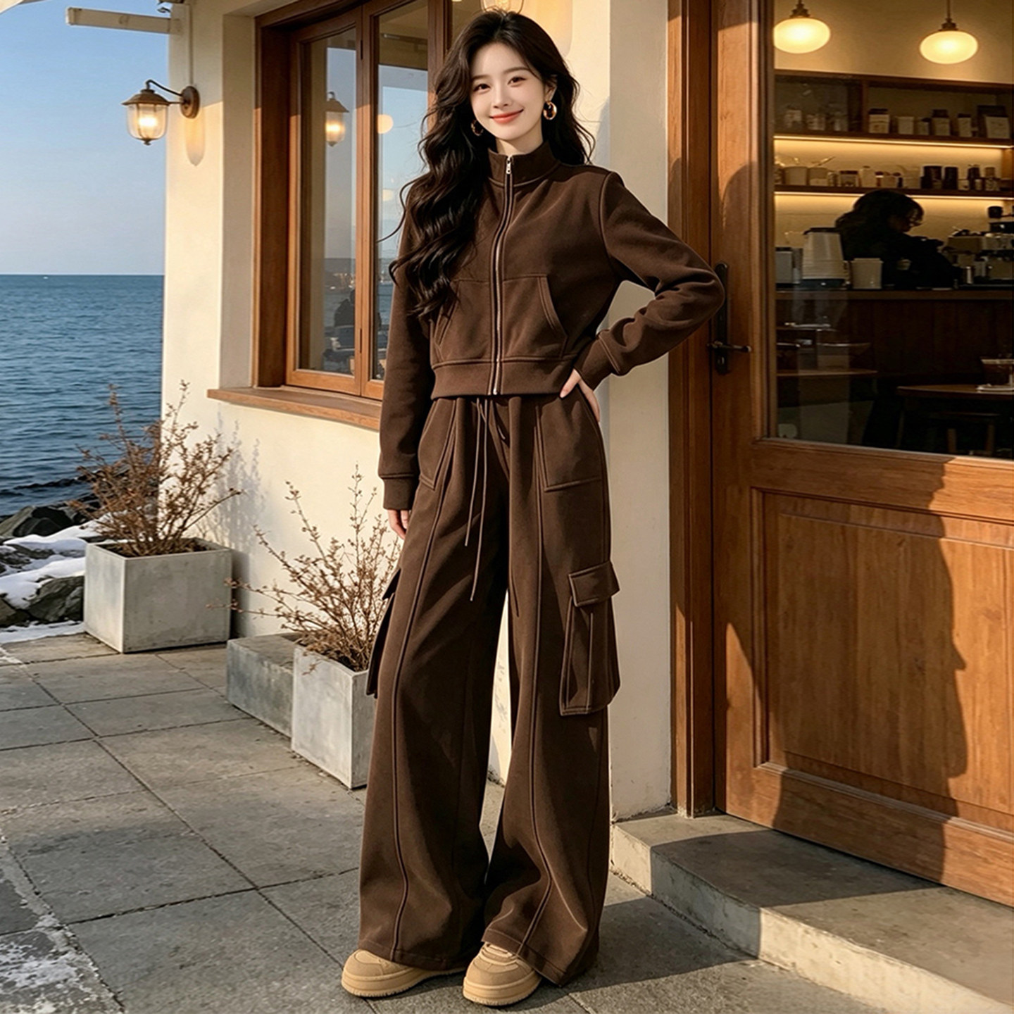 秋潮酷立领拉链卫衣工装裤套装女