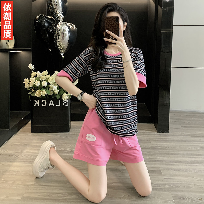 复古条纹拼色短袖休闲运动套装女夏慵懒风宽松家居粉色短裤两件套