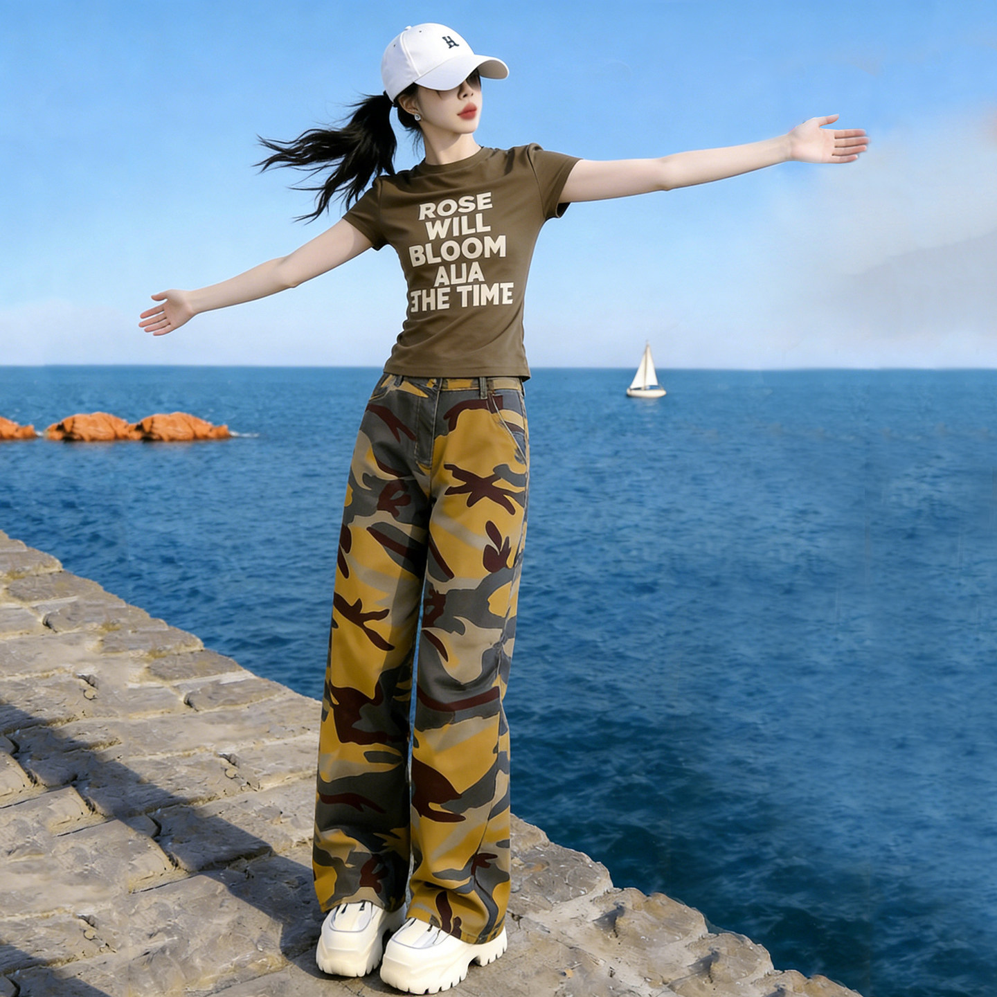 军旅风字母短袖跳舞时尚套装女夏季阔腿牛仔迷彩裤爵士舞蹈两件套
