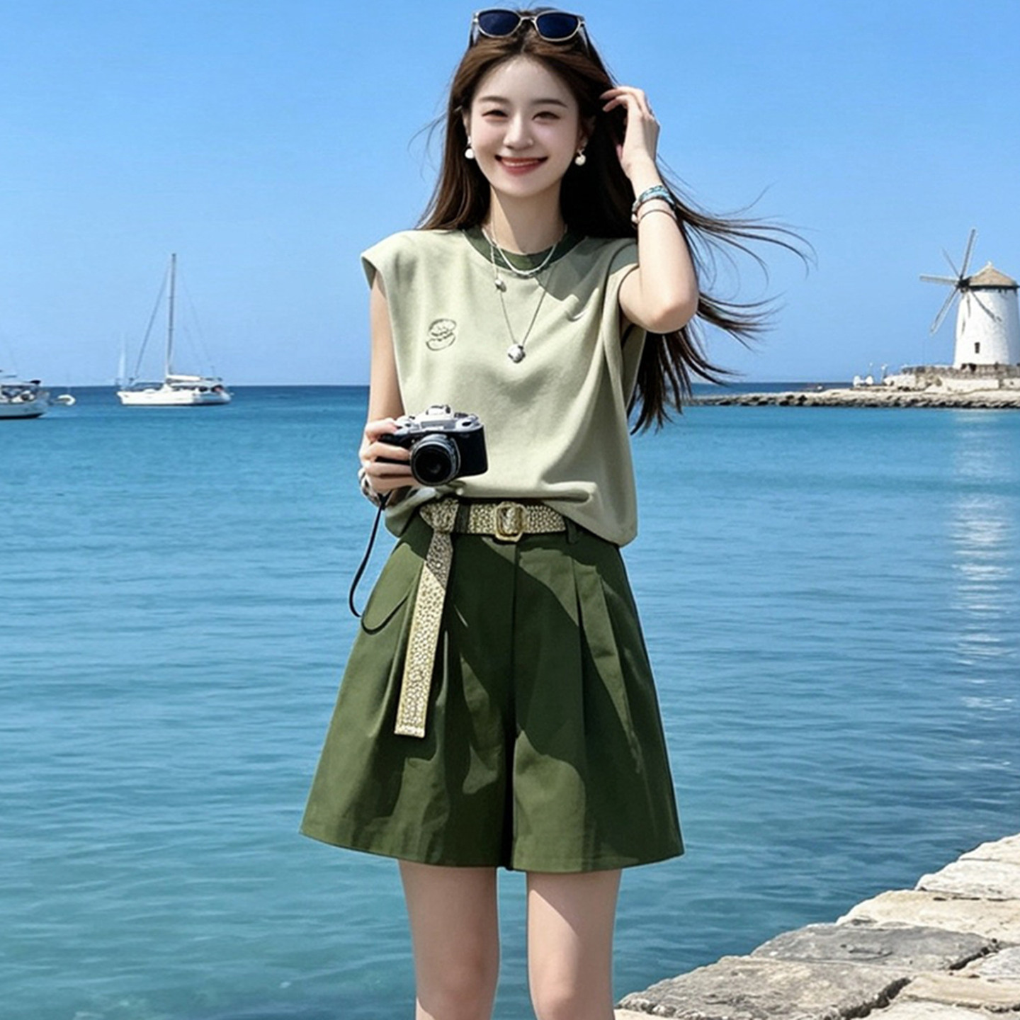 旅游小清新无袖坎肩上衣休闲运动套装女夏日高腰军绿色短裤两件套