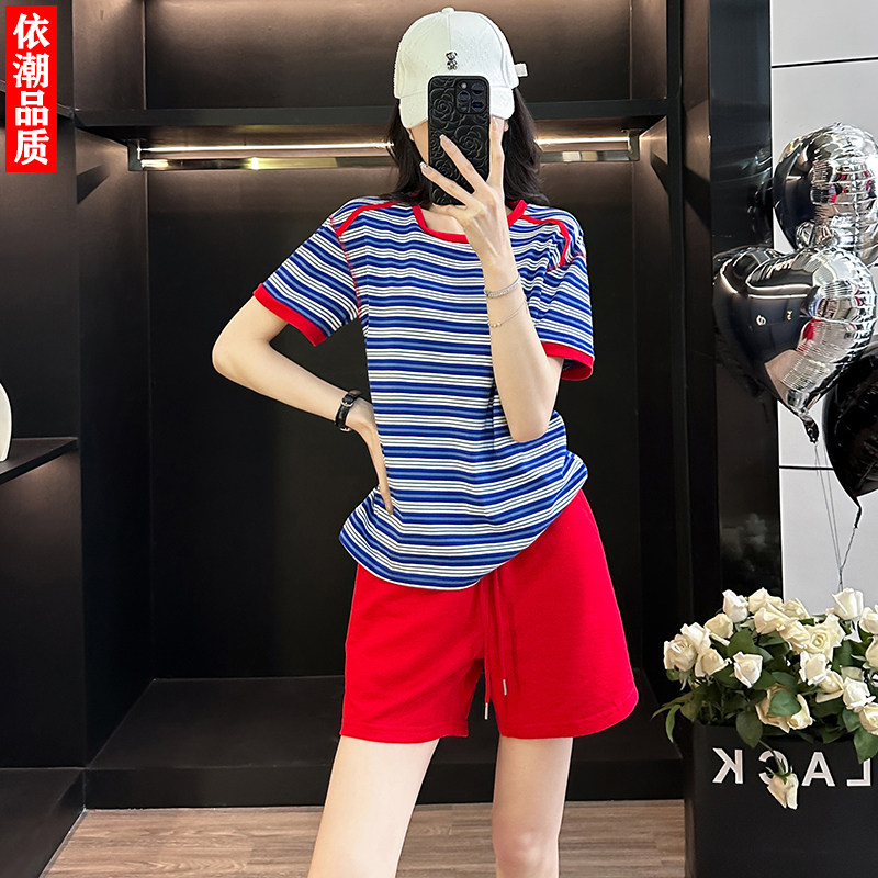 夏季撞色条纹短袖短裤运动套装女