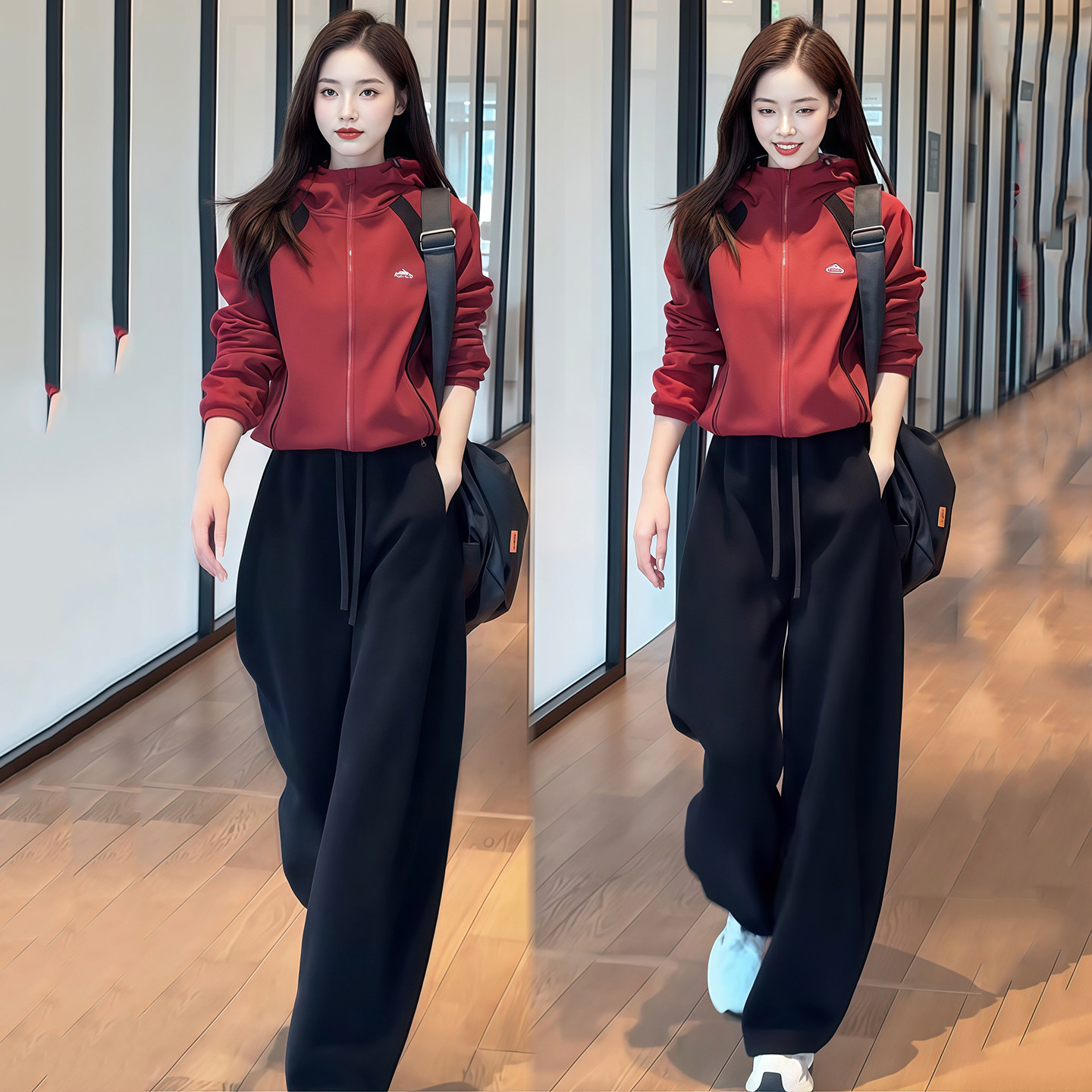 港风复古撞色连帽拉链卫衣运动套装女2026春秋季阔腿弯刀裤两件套