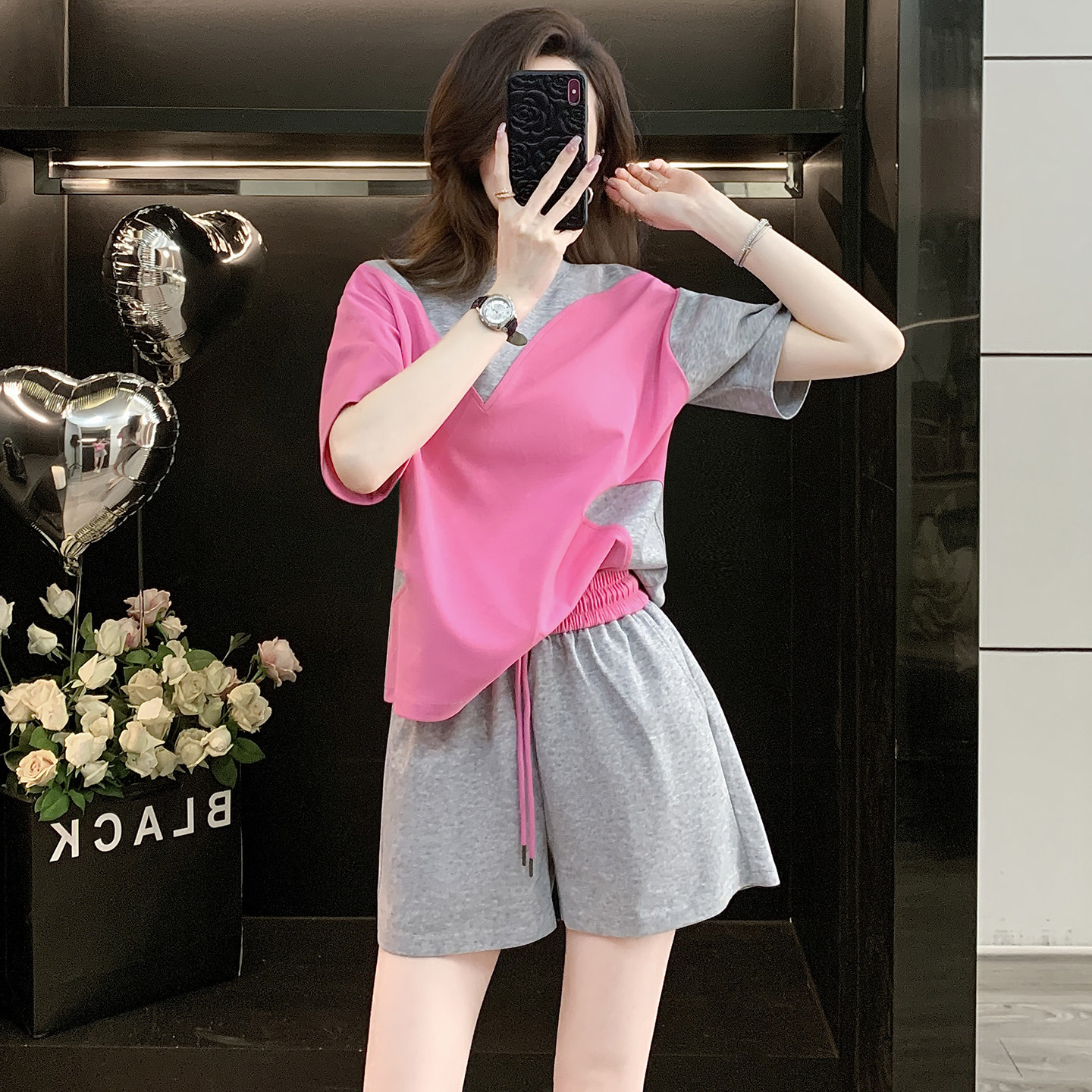 慵懒风拼色短袖短裤家居服套装女