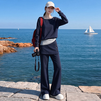 秋卫衣背心屁帘喇叭裤四件套装女