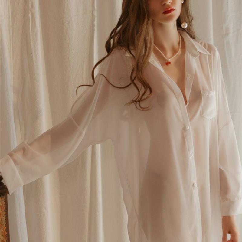 衬衫睡衣浴袍女性感透明男友风宽松白色长袖冰丝睡裙火辣高级感