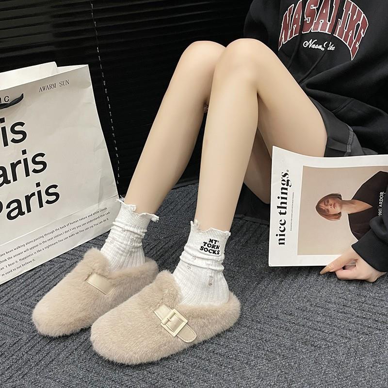 抖音Tagabe白色法式毛毛鞋女秋冬款时尚加绒加厚保暖一脚蹬软底拖