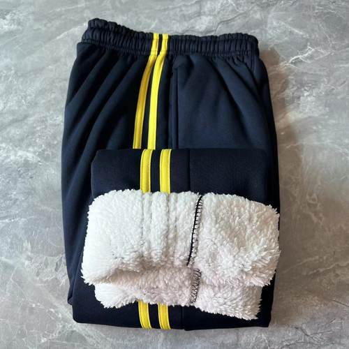 加厚羊羔绒冬季校服裤子浅黄一条杠中小学生校服裤男女保暖运动裤